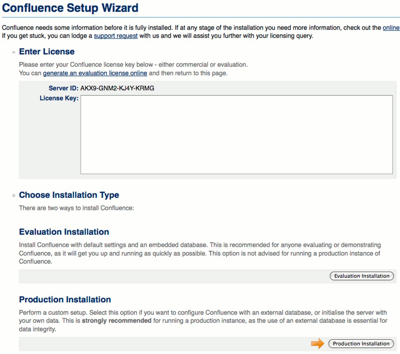 Confluence license input screen. Confluence license input screen.