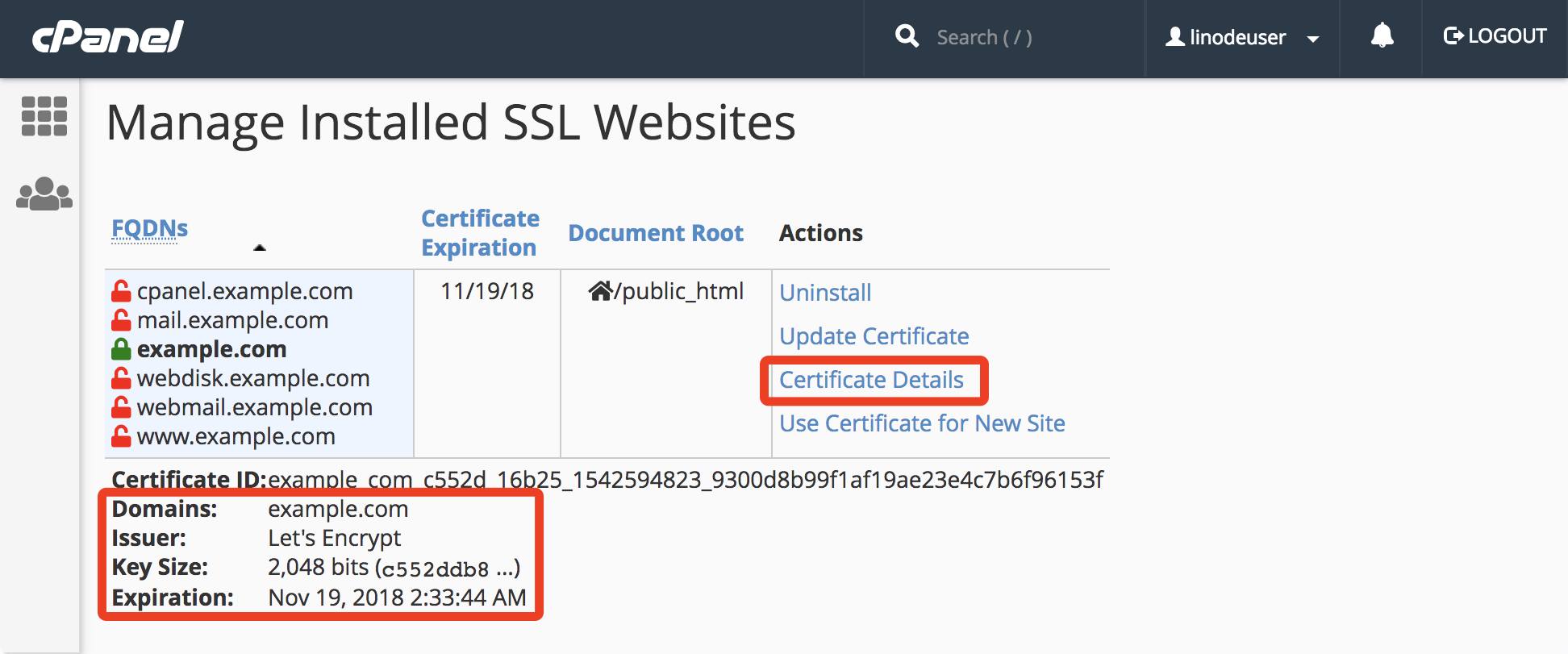cPanel SSL/TLS - Manage SSL Certificates - Certificate Details. cPanel SSL/TLS Manage SSL Certificates Certificate Details