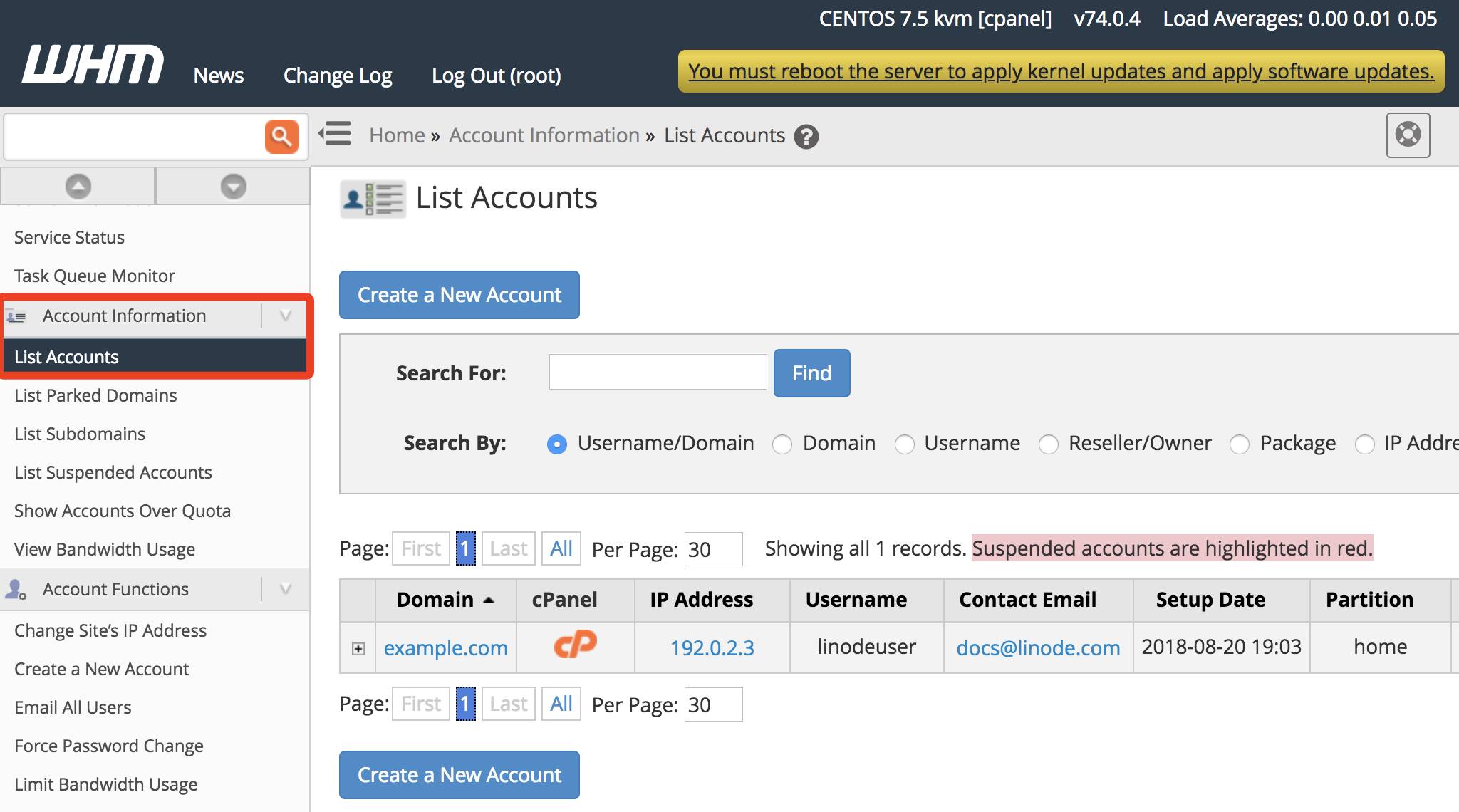 WHM List Accounts page. WHM List Accounts