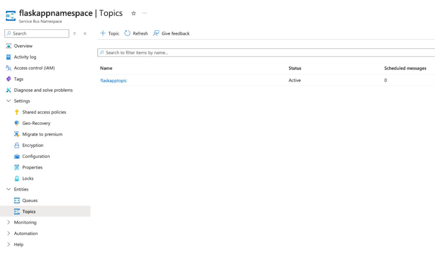 The Azure Service Bus Console UI showing current topic subscribers.