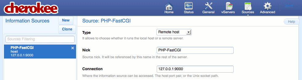 A newly created information source on the Sources page of the Cherokee admin panel on Fedora 13.