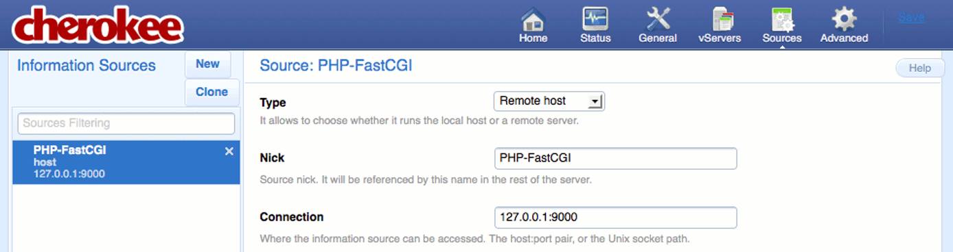 A newly created information source on the Sources page of the Cherokee admin panel on Fedora 13.